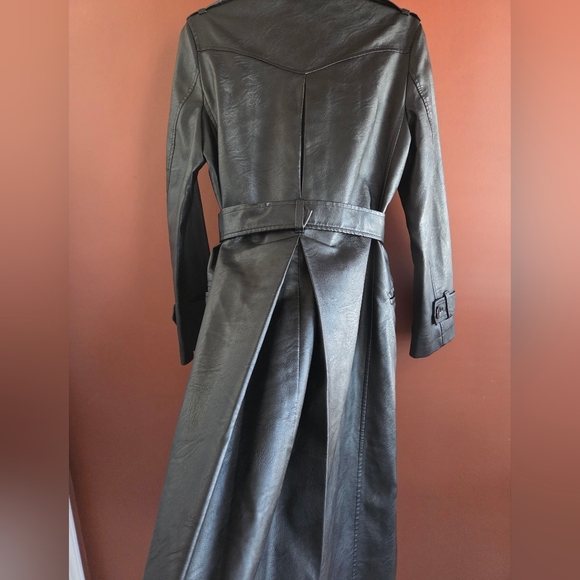 Max Studio Black Faux Leather Long Trench Coat Belted Matrix Style Size S - Picture 5 of 13